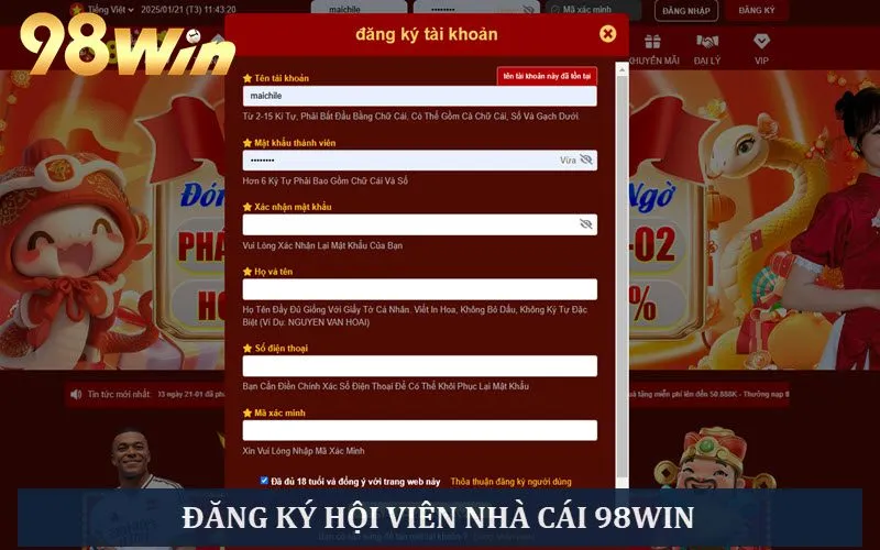 Đăng ký tài khoản 98WIN nhanh chóng