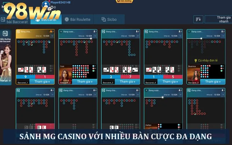 Giao diện sảnh cược đa dạng MG casino 98WIN